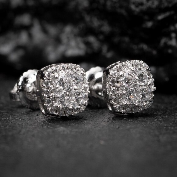 White Gold 925 Sterling Silver Small 3D Cube Square Cluster Stud Earrings - Picture 2 of 5